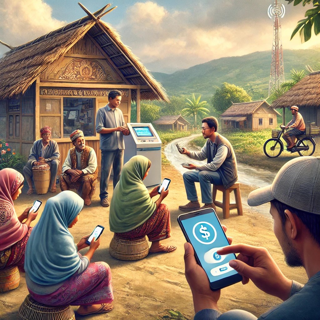 DALL·E 2024-06-20 19.04.09 - A group of people in a remote village using mobile phones for digital banking, with a clear view of a mobile money agent assisting them