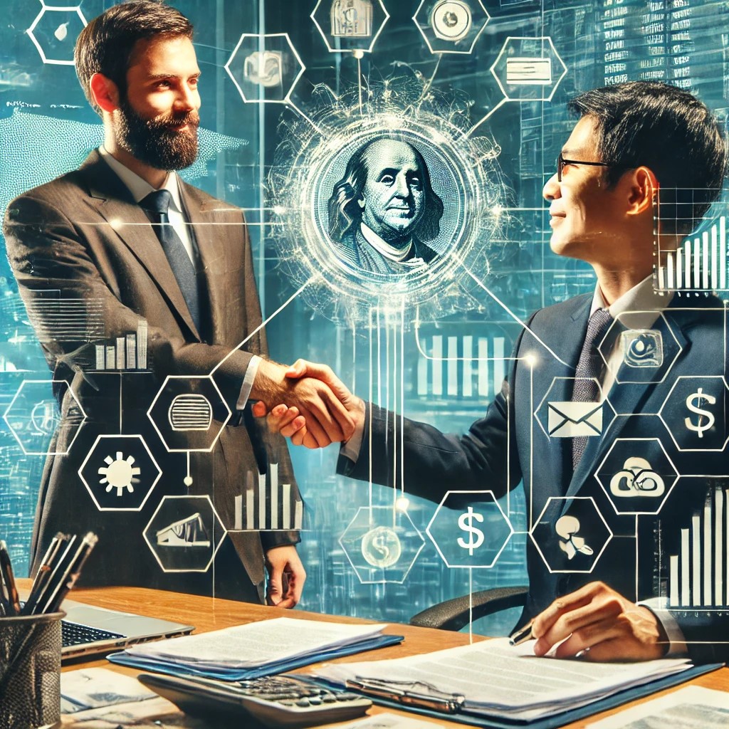 DALL·E 2024-06-20 19.04.11 - A government official and a fintech executive shaking hands, symbolizing a public-private partnership for financial inclusion, with documents and a di