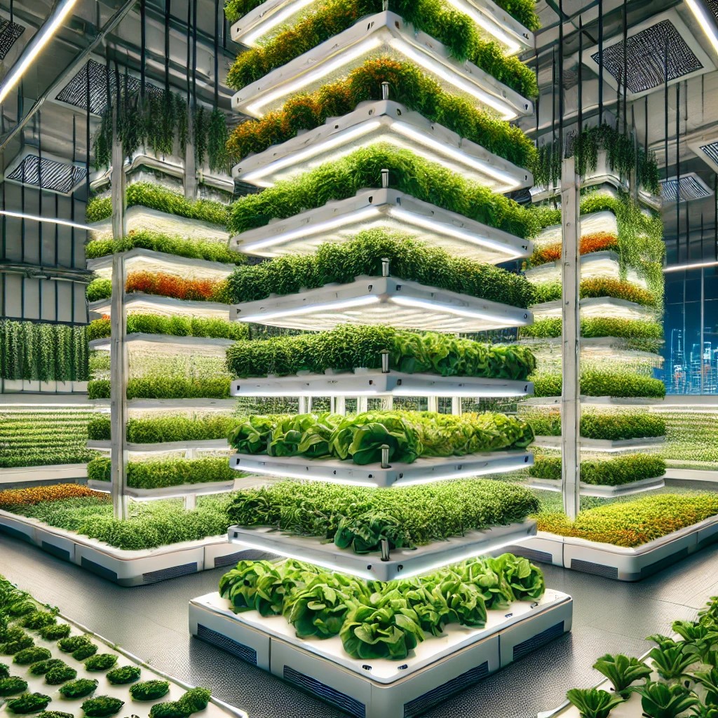 DALL·E 2024-06-19 21.14.26 - A modern vertical farm with stacked layers of crops growing indoors, featuring advanced technology such as automated irrigation and LED lighting