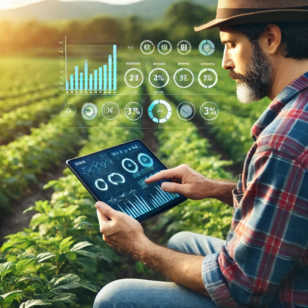 DALL·E 2024-06-19 21.14.29 - A farmer in a field using a tablet to manage crops with the help of advanced agri-fintech solutions, showing graphs and data on the screen