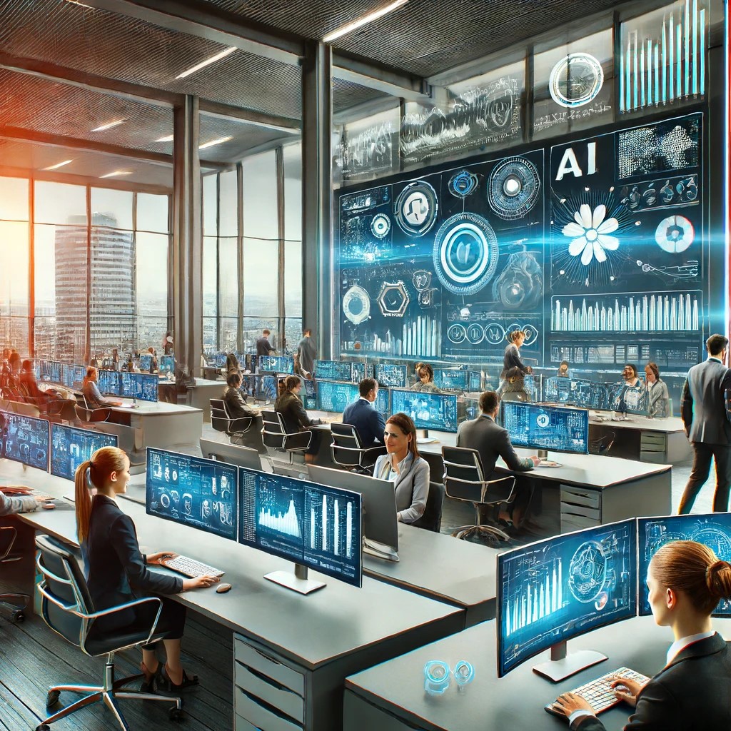 DALL·E 2024-06-15 21.17.50 - A modern insurance office implementing cutting-edge technologies like AI and big data analytics. The office is sleek and futuristic, equipped with hig