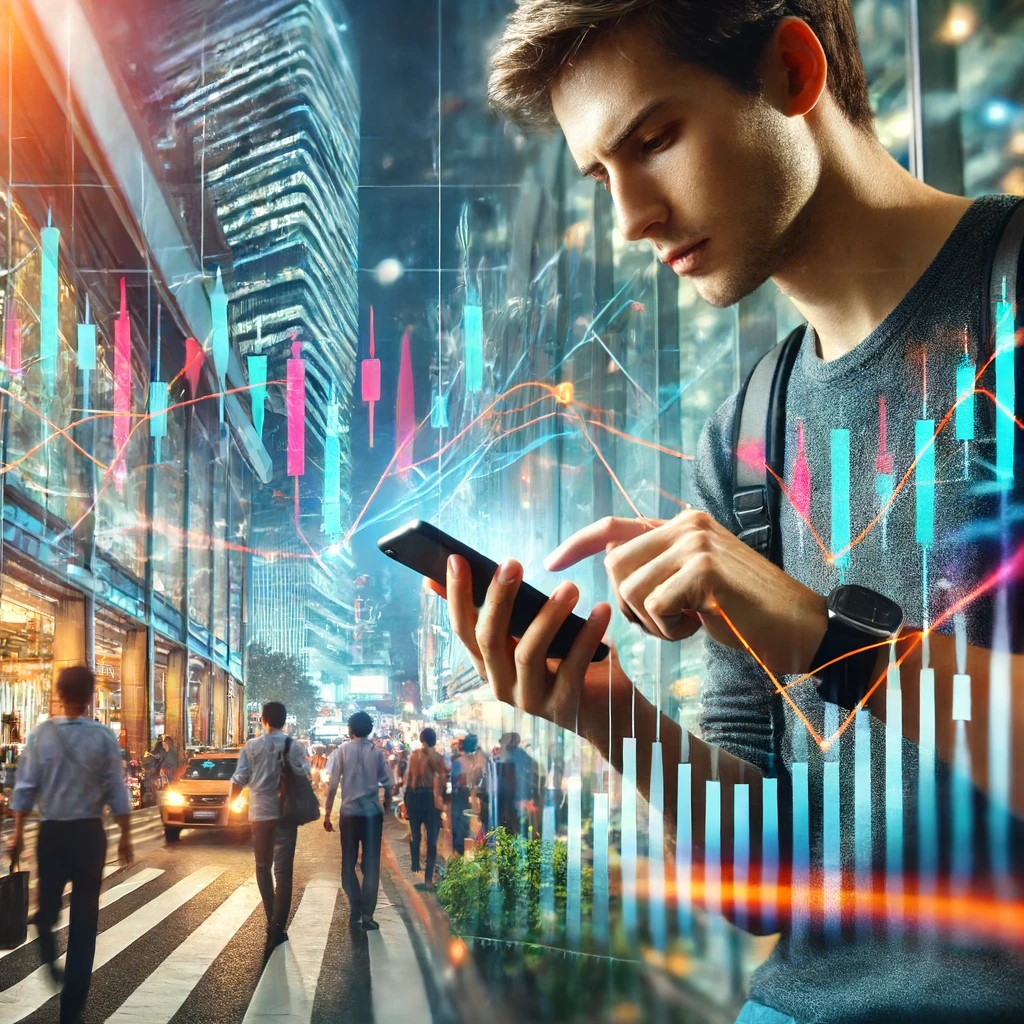 DALL·E 2024-06-18 21.26.41 - A modern young adult using a mobile trading app on a smartphone in a vibrant city setting. The scene shows the person analyzing real-time stock market