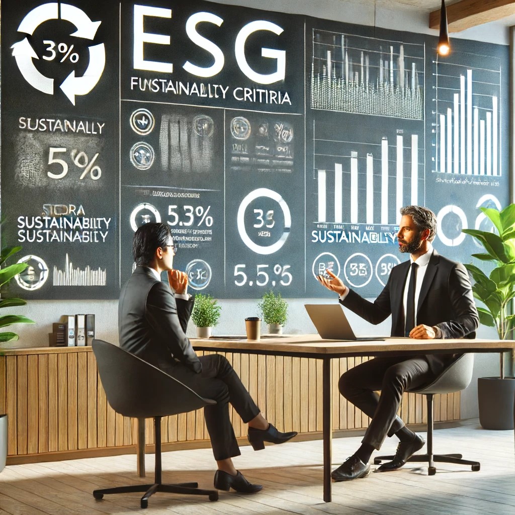 DALL·E 2024-06-18 22.20.46 - A financial advisor discussing ESG criteria with a client in a modern office setting, with charts and graphs showing sustainability metrics on the wal