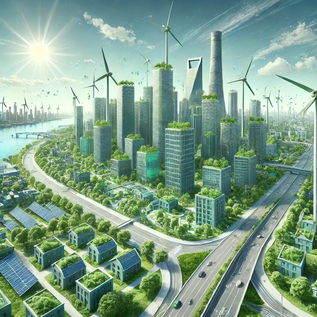 DALL·E 2024-06-18 22.20.49 - A futuristic cityscape with green buildings, solar panels, and wind turbines, representing the future of sustainable urban development