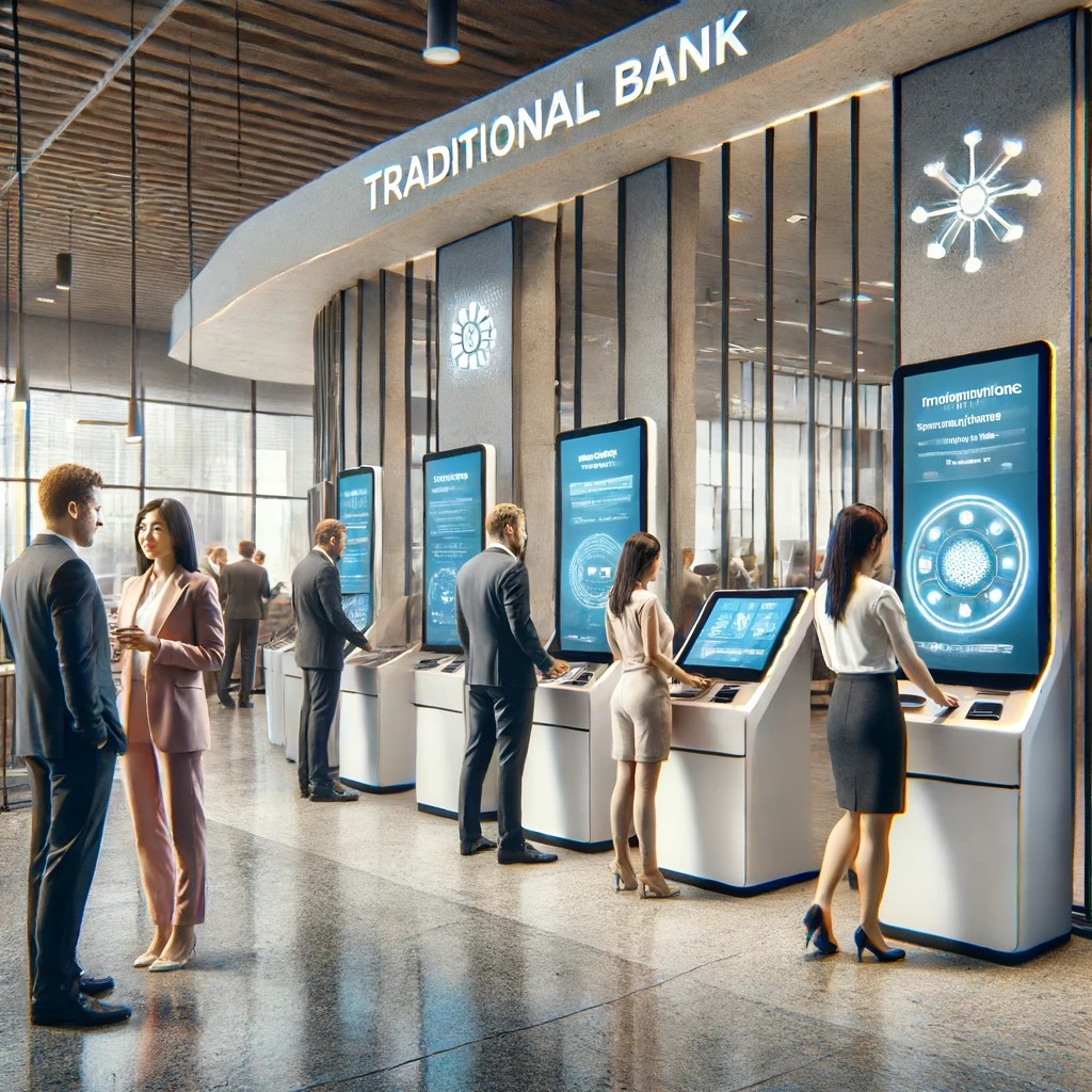 DALL·E 2024-06-18 21.05.15 - A traditional bank branch that is being modernized with new technologies. The interior is sleek and contemporary, featuring digital kiosks for custome