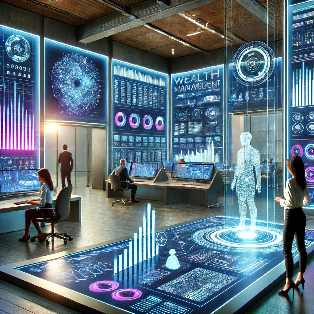 DALL·E 2024-06-18 23.09.29 - A futuristic wealth management office with AI-powered systems, large digital screens displaying financial data, and a holographic advisor interacting 