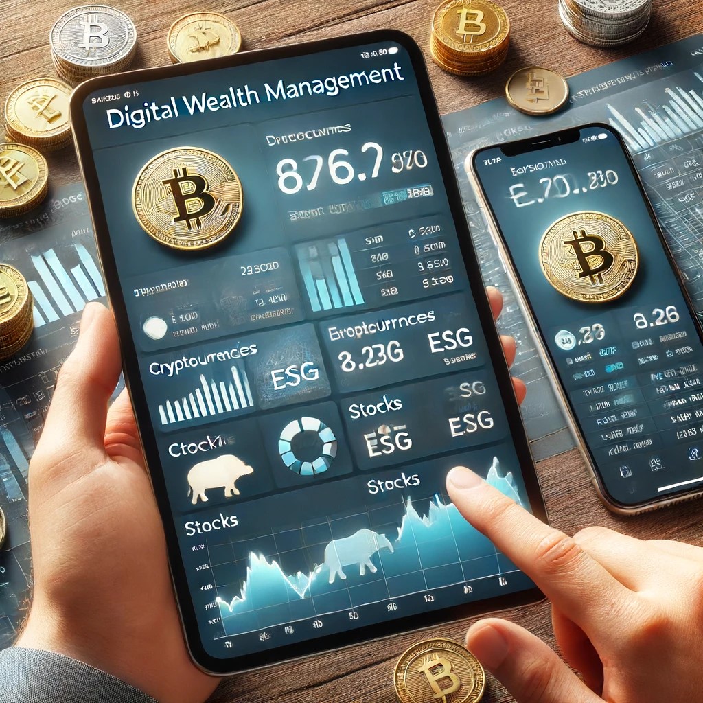 DALL·E 2024-06-18 23.10.08 - A digital wealth management platform displayed on a tablet and a smartphone, showing a diversified investment portfolio with cryptocurrencies, stocks,