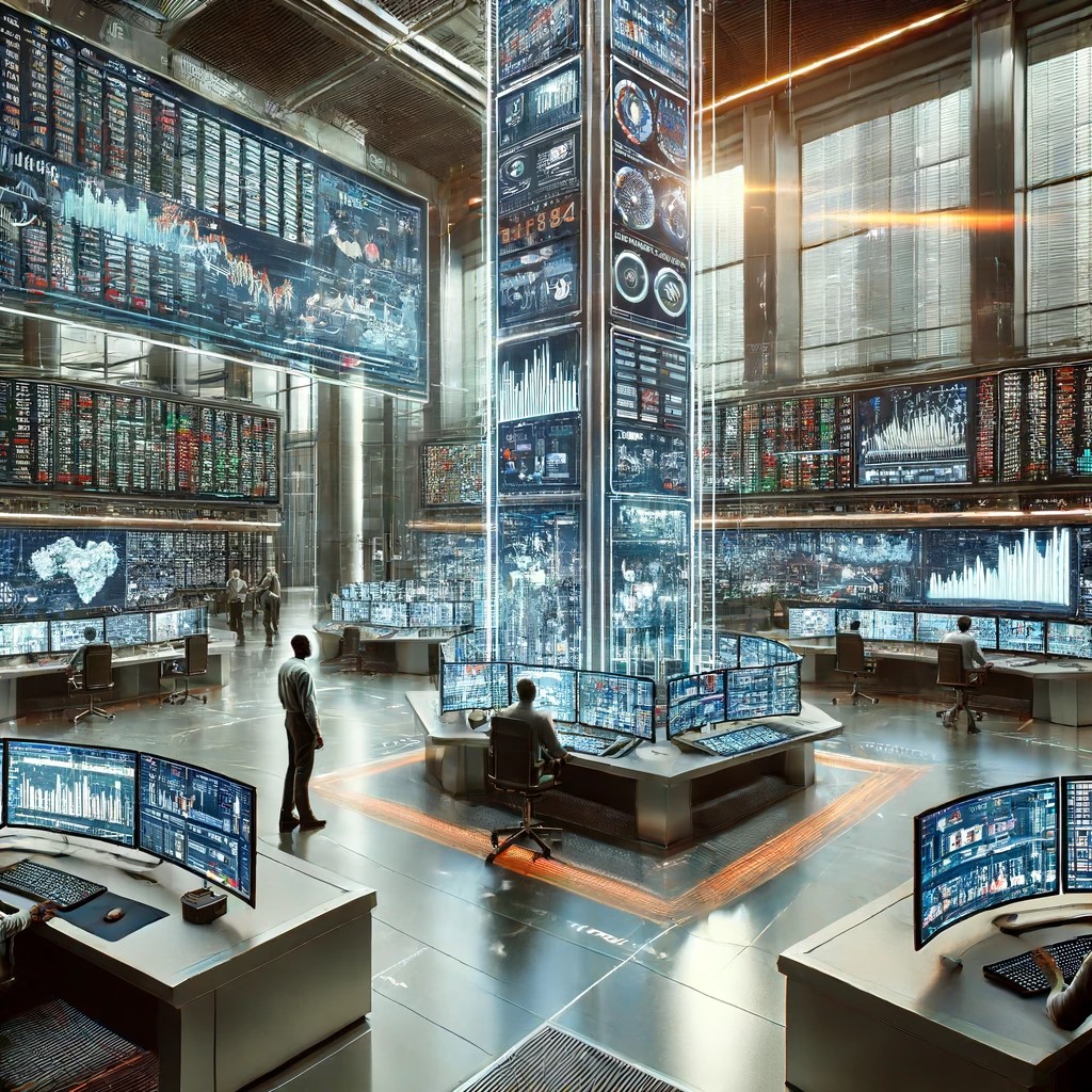 DALL·E 2024-06-18 21.38.17 - A modern financial trading floor dominated by automation technology. The scene includes large screens displaying real-time data, automated trading sys