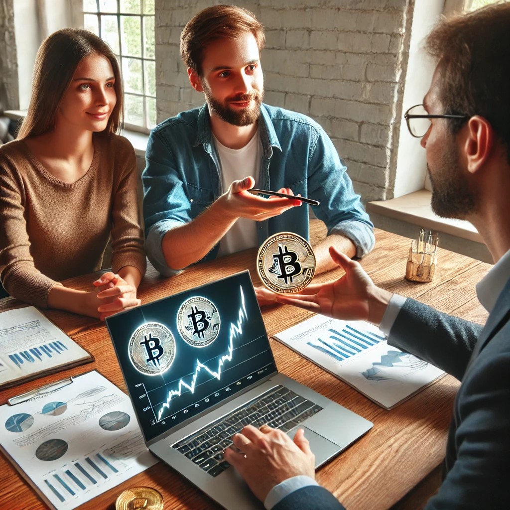 DALL·E 2024-06-19 20.52.42 - A financial advisor explaining cryptocurrency regulations to a young couple, with charts and graphs on a laptop showing the growth and risks of digita