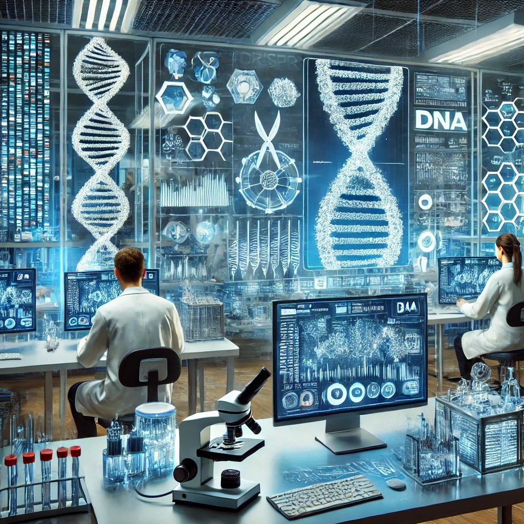 DALL·E 2024-06-19 23.17.18 - A laboratory with scientists working on gene editing using CRISPR technology, with advanced equipment and DNA sequences displayed on screens