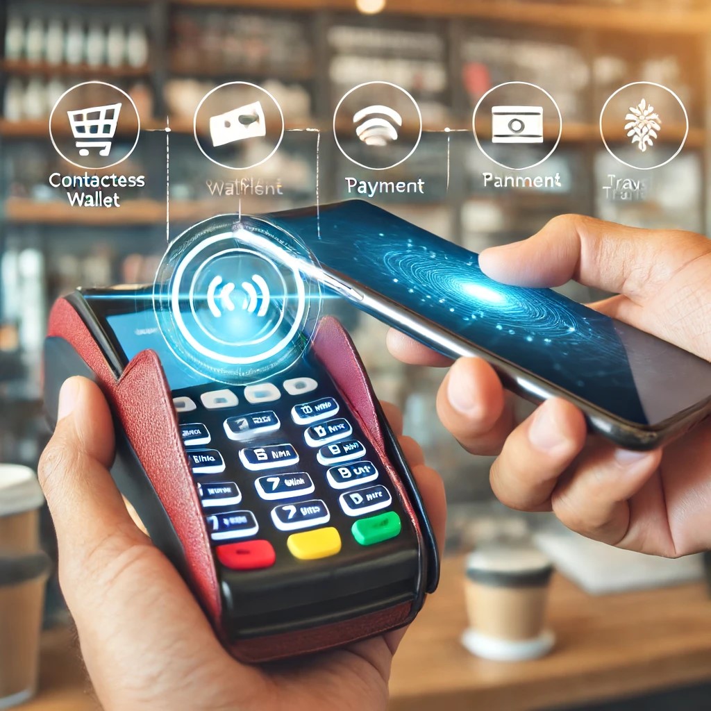 DALL·E 2024-06-17 22.22.22 - A person using a digital wallet on their smartphone to make a contactless payment at a retail store. The scene shows the user holding their phone near