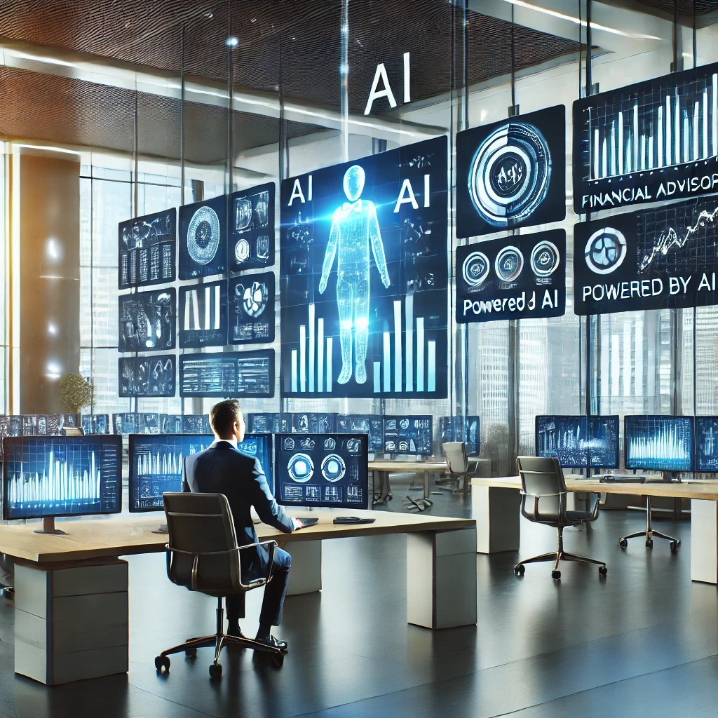 DALL·E 2024-06-20 20.58.43 - A modern financial advisory office featuring a financial advisor working with AI technology. The scene shows the advisor analyzing financial data on m