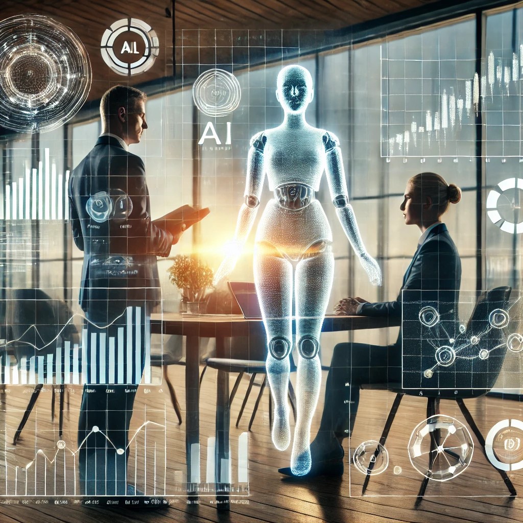 DALL·E 2024-06-20 20.58.45 - A conceptual image showing a financial advisor and a client discussing investment strategies, with a transparent AI-driven data visualization floating