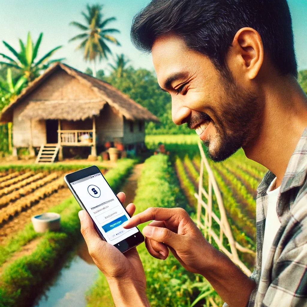 DALL·E 2024-06-18 23.38.12 - A person in a rural village using a mobile phone to make a financial transaction, with a simple house and fields in the background. The person is smil