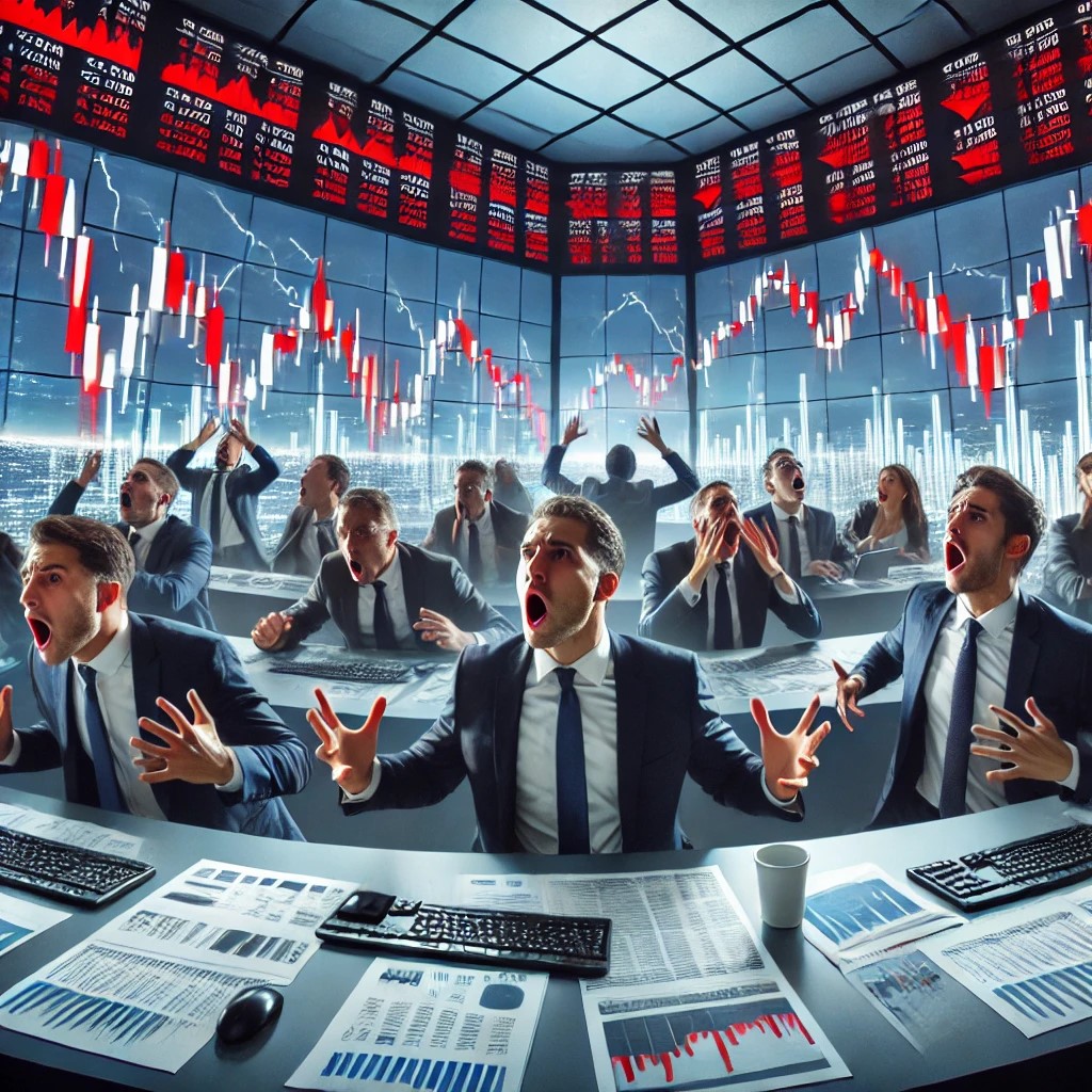 DALL·E 2024-06-20 20.43.43 - A dramatic image depicting a stock market trading floor reacting to a corporate scandal. The scene shows traders in a state of panic, with some shouti