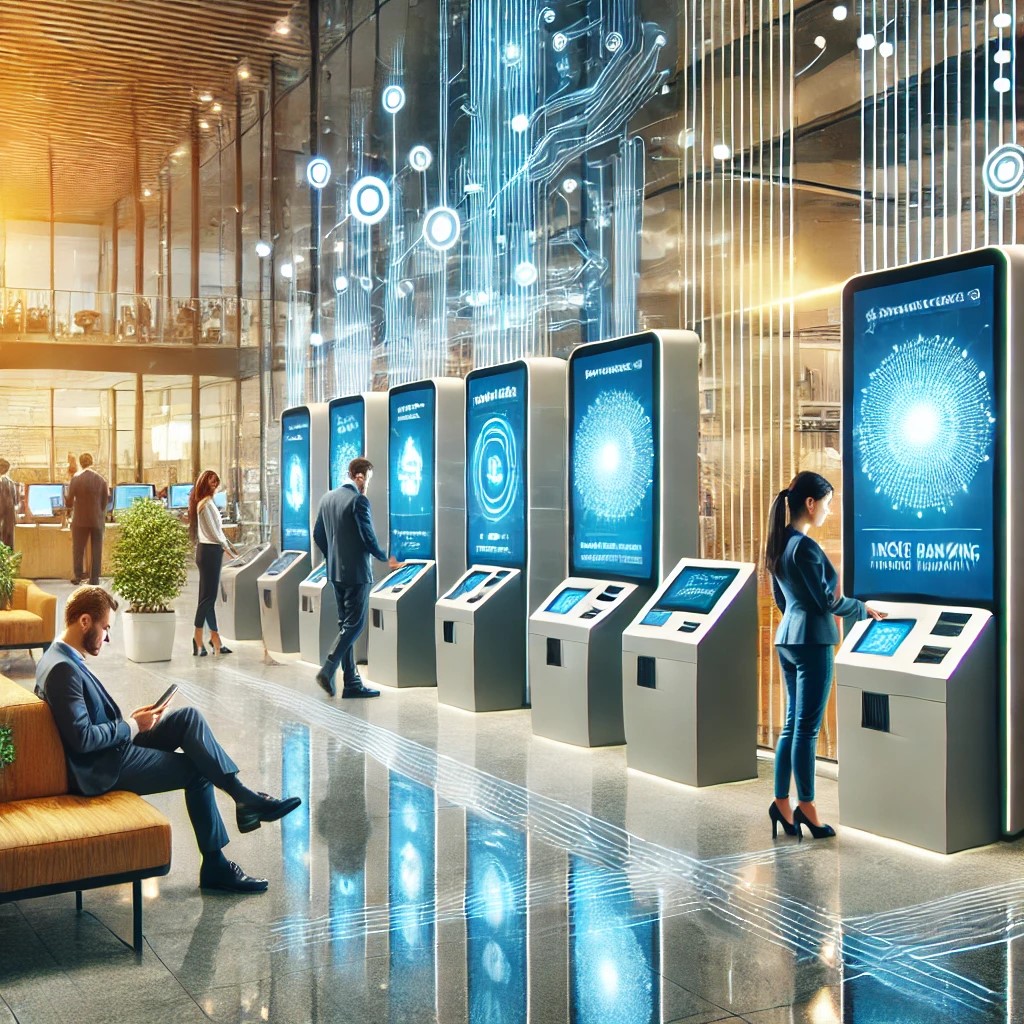 DALL·E 2024-06-19 22.57.15 - A modern bank lobby with digital kiosks and customers using mobile banking apps, highlighting the integration of technology in banking services