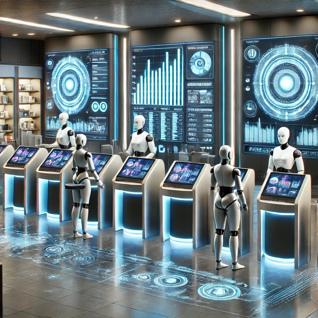 DALL·E 2024-06-19 22.32.07 - A futuristic bank branch with digital kiosks, AI-powered customer service robots, and holographic displays showing financial data