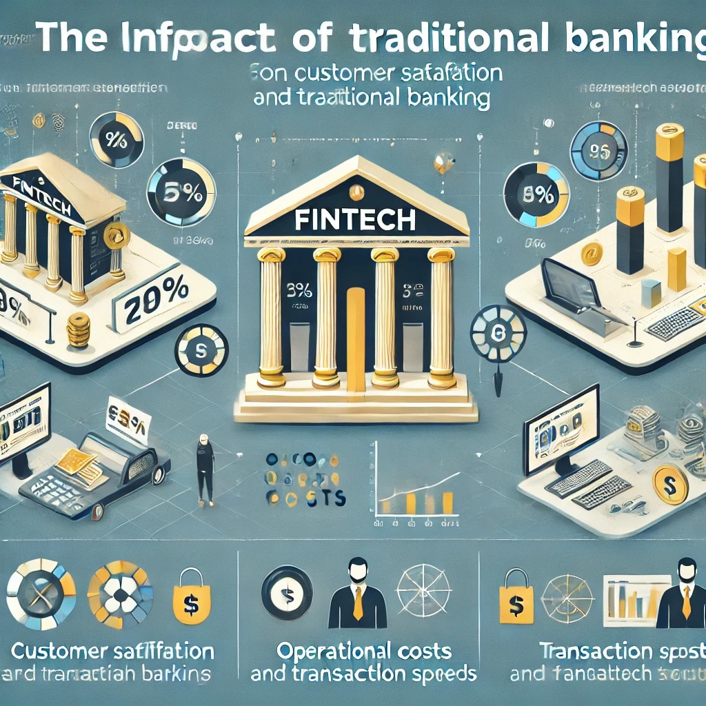 DALL·E 2024-07-08 01.01.38 - An infographic showing the impact of FinTech on traditional banking, featuring comparative statistics on customer satisfaction, operational costs, and