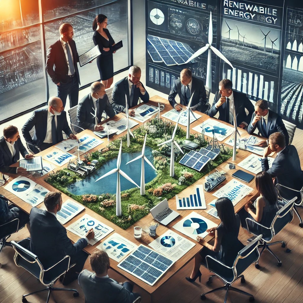 DALL·E 2024-07-09 11.03.29 - An investment meeting focused on renewable energy projects, with investors and executives gathered around a conference table. The table displays model