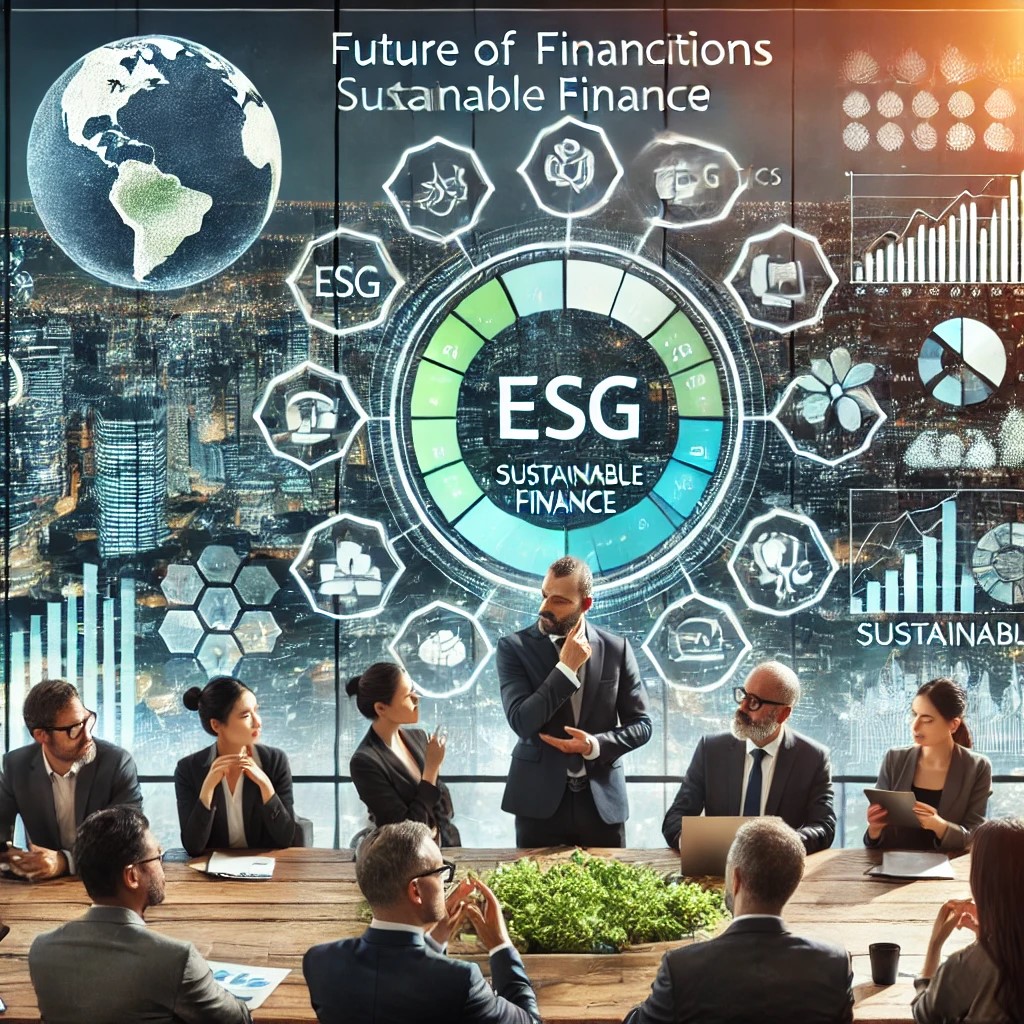 DALL·E 2024-07-28 17.10.38 - A diverse group of financial professionals working together on a sustainable finance initiative, with digital screens displaying ESG metrics and susta