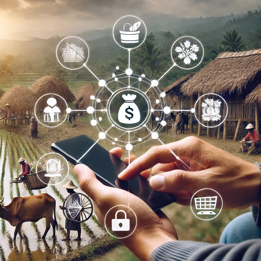 DALL·E 2024-07-28 17.10.37 - A person in a rural area using a mobile phone to access digital banking services, symbolizing the impact of mobile banking and fintech on financial in