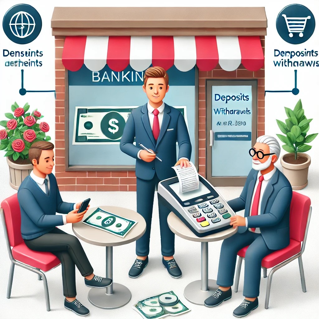 DALL·E 2024-07-28 17.15.45 - A local shop owner acting as a banking agent, assisting customers with deposits and withdrawals using digital devices, symbolizing the agent banking m