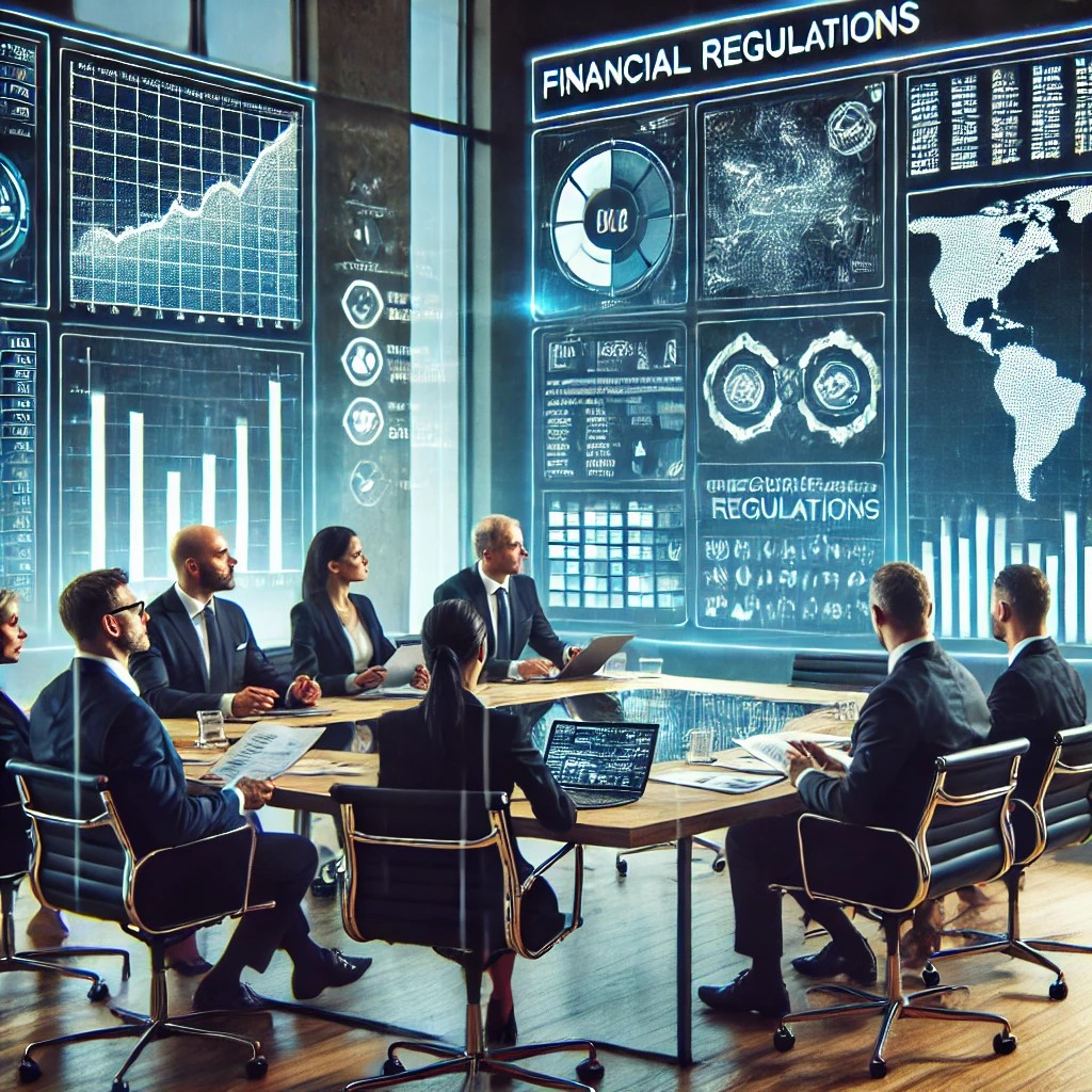 DALL·E 2024-07-28 17.18.38 - A group of financial regulators and industry professionals discussing new regulations in a modern conference room, with digital screens displaying dat