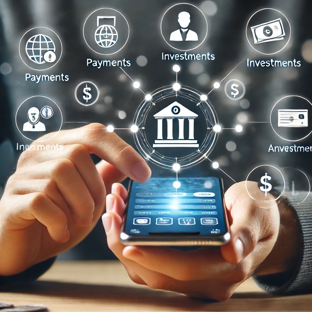 DALL·E 2024-07-28 17.53.42 - A person using a mobile banking app on a smartphone, with icons representing various financial services like payments, investments, and account manage