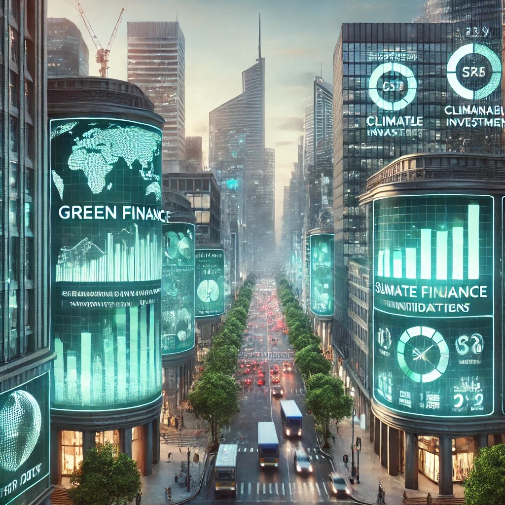 DALL·E 2024-07-28 18.05.27 - A bustling financial district with buildings displaying green finance indicators and sustainable investment metrics on digital screens, symbolizing th