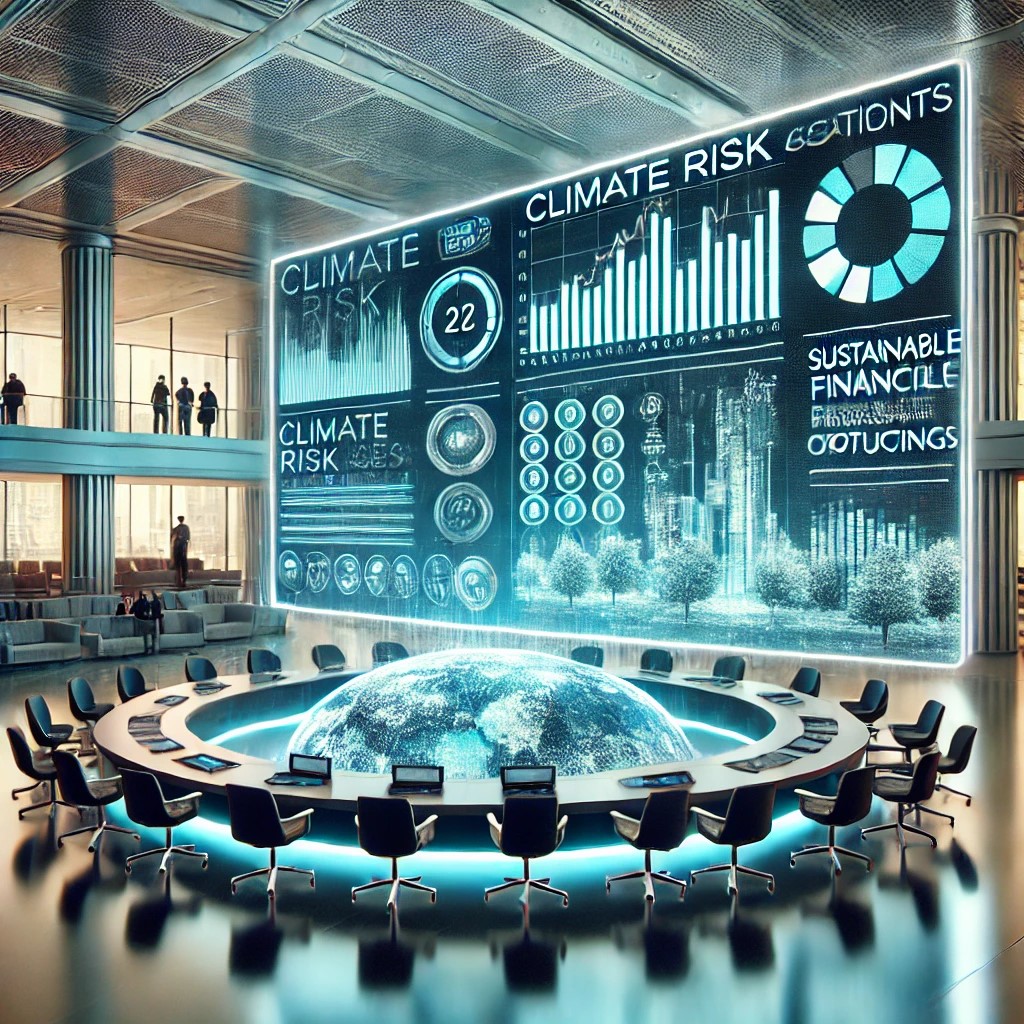 DALL·E 2024-07-28 18.05.29 - A futuristic central bank with digital displays showing climate risk assessments and sustainable financial product offerings, symbolizing the integrat